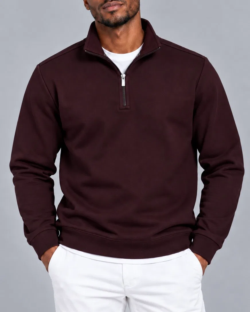 Bordo Yarım Fermuarlı Dik Yaka Sweatshirt