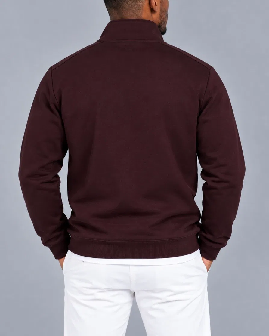 Bordo Yarım Fermuarlı Dik Yaka Sweatshirt