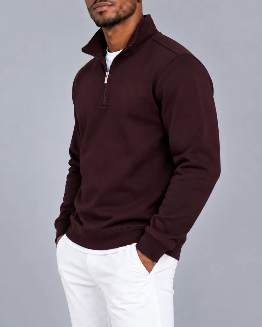 Bordo Yarım Fermuarlı Dik Yaka Sweatshirt