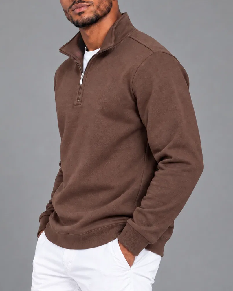 Kahve Yarım Fermuarlı Dik Yaka Sweatshirt