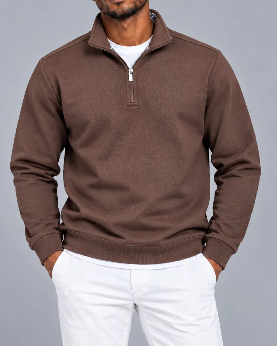 Kahve Yarım Fermuarlı Dik Yaka Sweatshirt