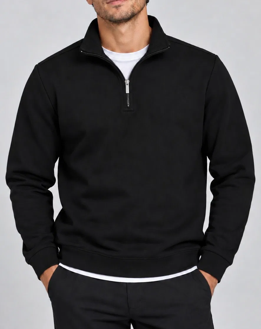 Siyah Yarım Fermuarlı Dik Yaka Sweatshirt